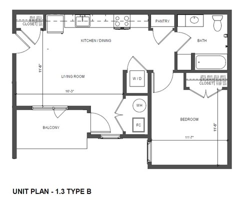 Floor plan for 1 bed, 1 bath, 599 sqft